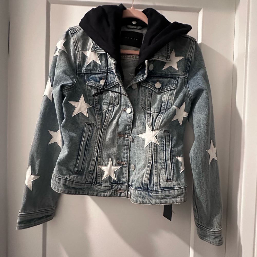 Blank Denim Jacket with White Stars and removable knit hoodie